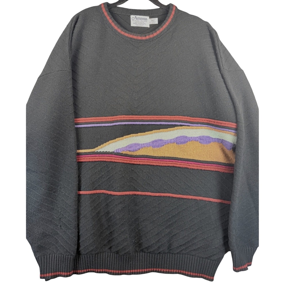 Vintage Amana Woolen Mill Sweater Mens 3XLT Black Wool Blend Graphic USA Made